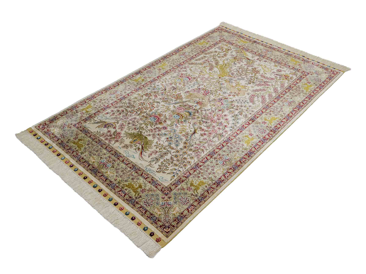 Sehr feiner, handgeknüpfter Khademi Orientteppich mit Ghom  Design aus reiner Seide, creme, weiß, beige. 155x95 cm. Vertrieb durch Jupiter Intl.