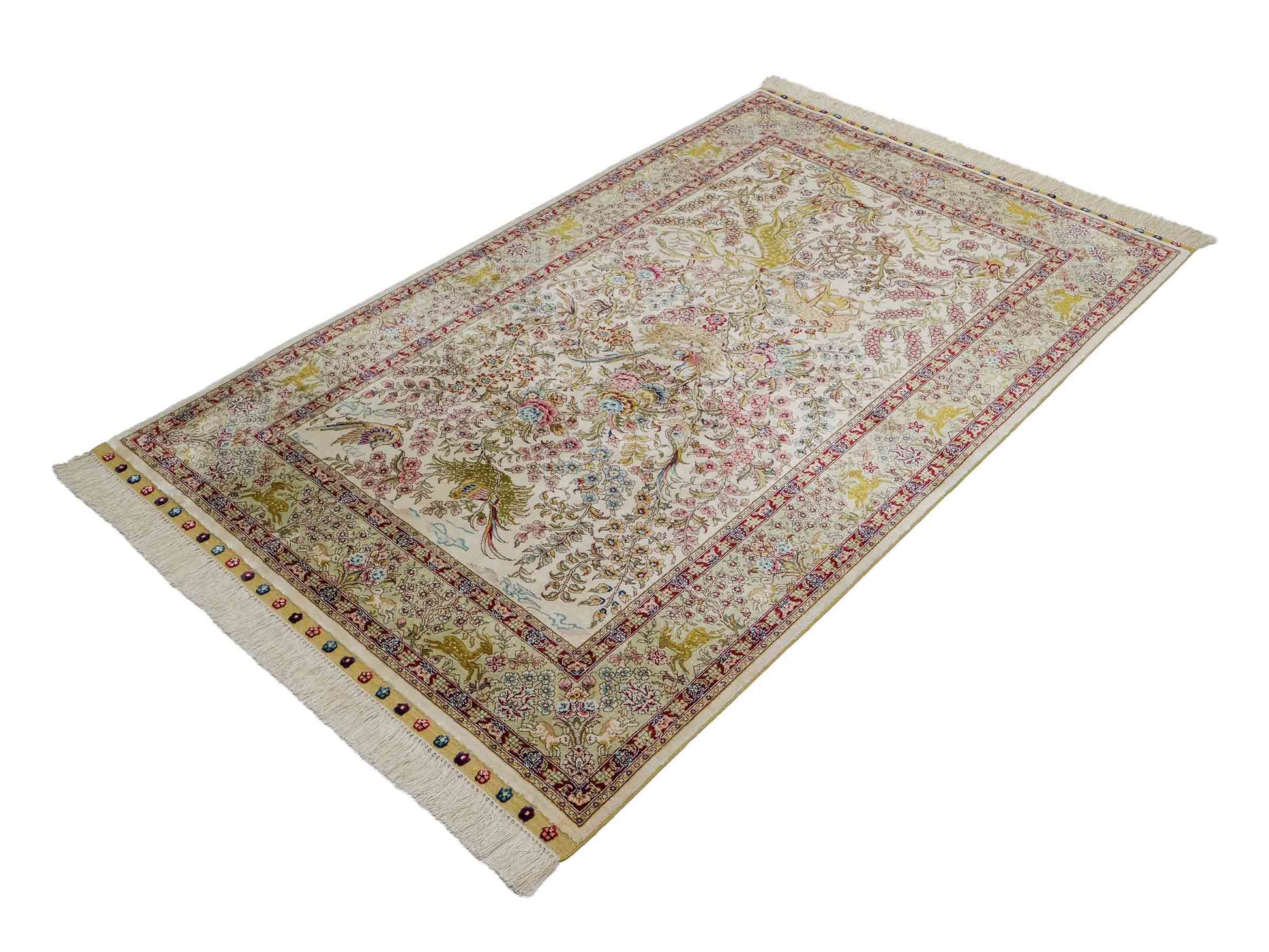 Sehr feiner, handgeknüpfter Khademi Orientteppich mit Ghom  Design aus reiner Seide, creme, weiß, beige. 155x95 cm. Vertrieb durch Jupiter Intl.