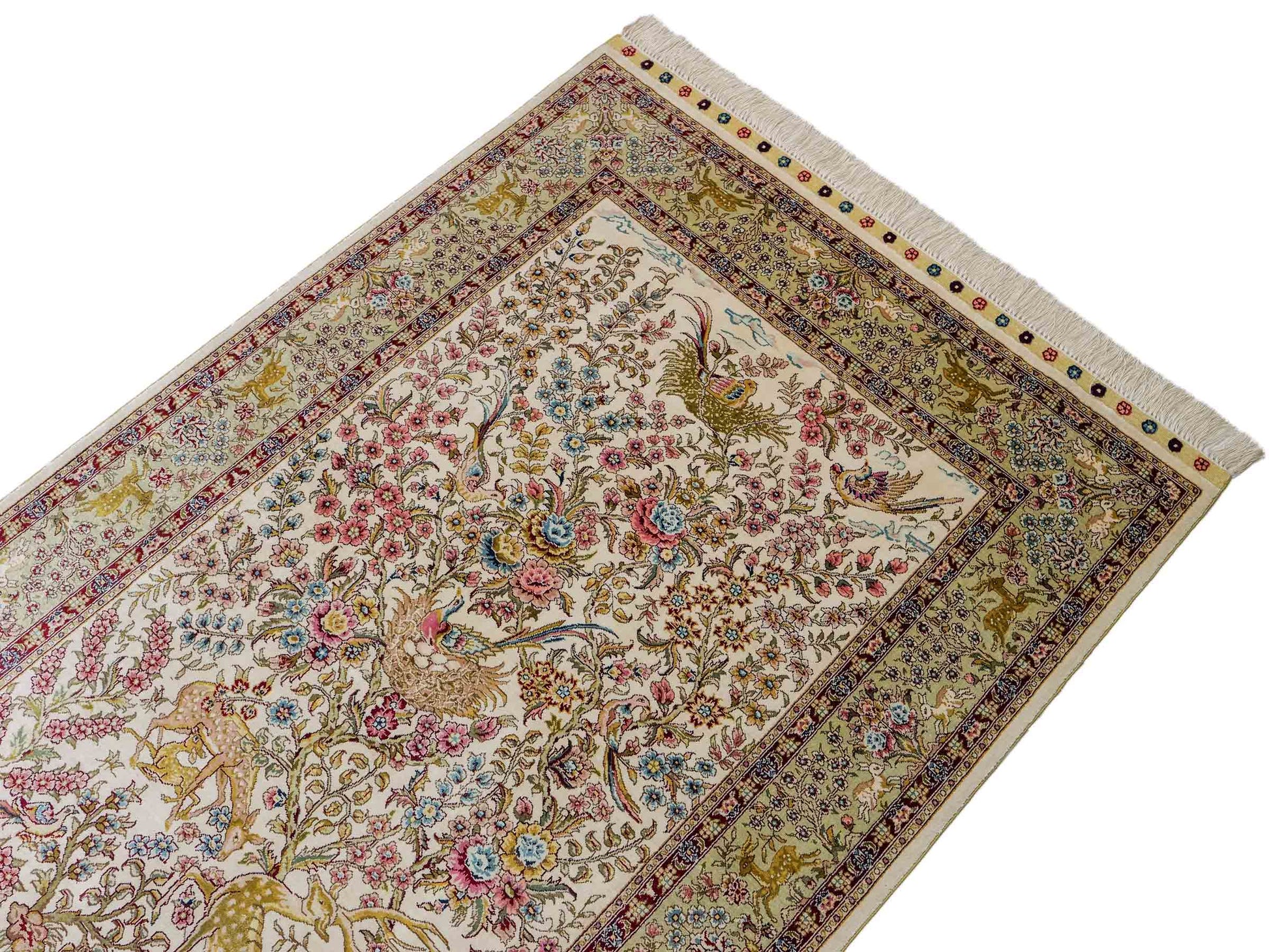 Sehr feiner, handgeknüpfter Khademi Orientteppich mit Ghom  Design aus reiner Seide, creme, weiß, beige. 155x95 cm. Vertrieb durch Jupiter Intl.