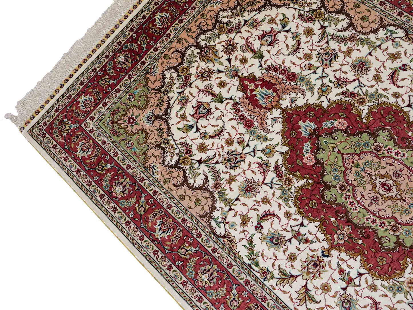 Sehr feiner, handgeknüpfter Khademi Orientteppich mit Ghom Design aus Seide, creme, rosa. 156x94 cm. Vertrieb durch Jupiter Intl.