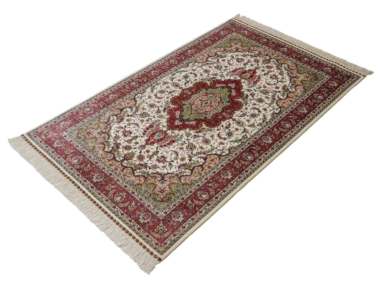 Sehr feiner, handgeknüpfter Khademi Orientteppich mit Ghom Design aus Seide, creme, rosa. 156x94 cm. Vertrieb durch Jupiter Intl.