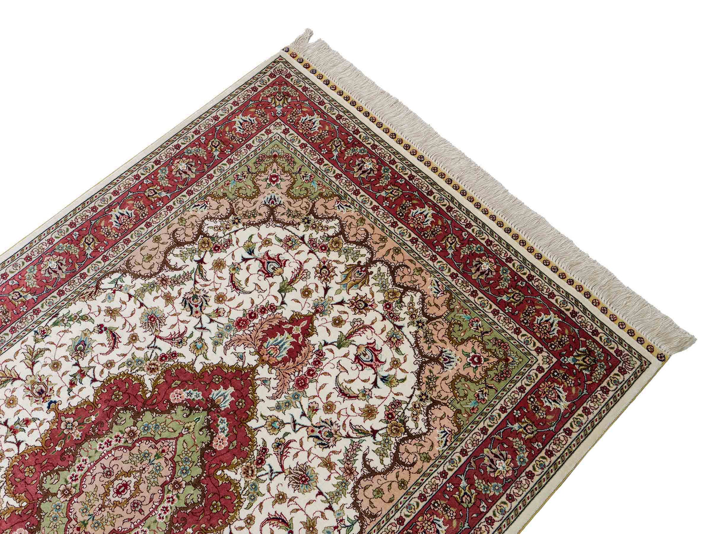 Sehr feiner, handgeknüpfter Khademi Orientteppich mit Ghom Design aus Seide, creme, rosa. 156x94 cm. Vertrieb durch Jupiter Intl.