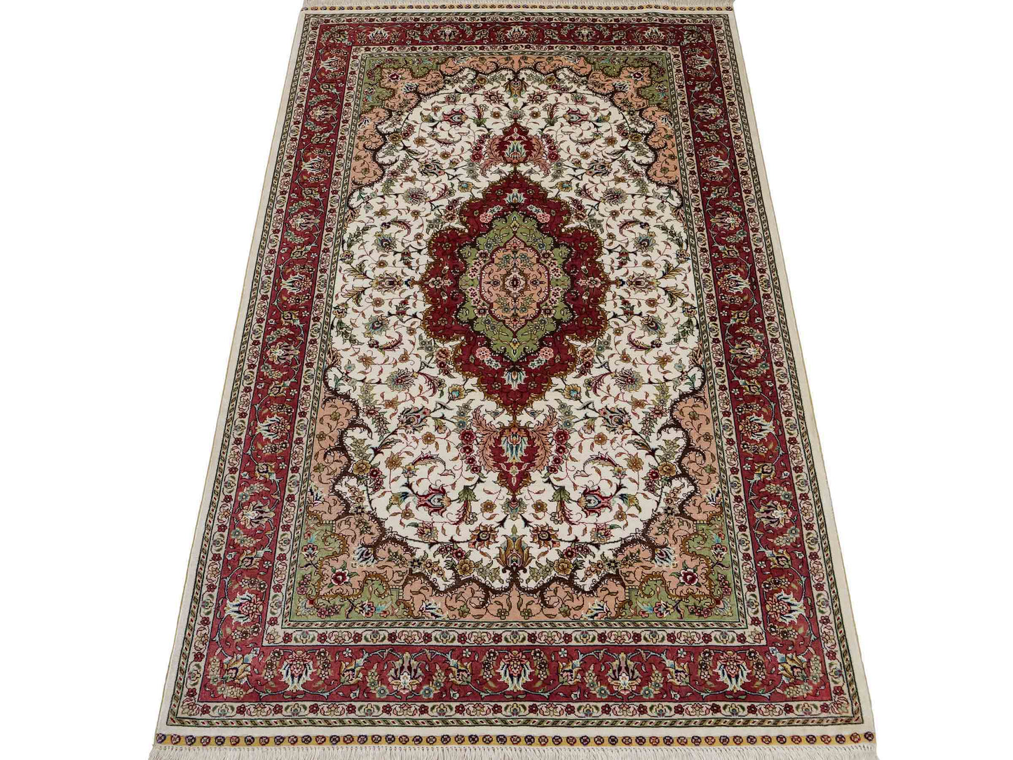 Sehr feiner, handgeknüpfter Khademi Orientteppich mit Ghom Design aus Seide, creme, rosa. 156x94 cm. Vertrieb durch Jupiter Intl.