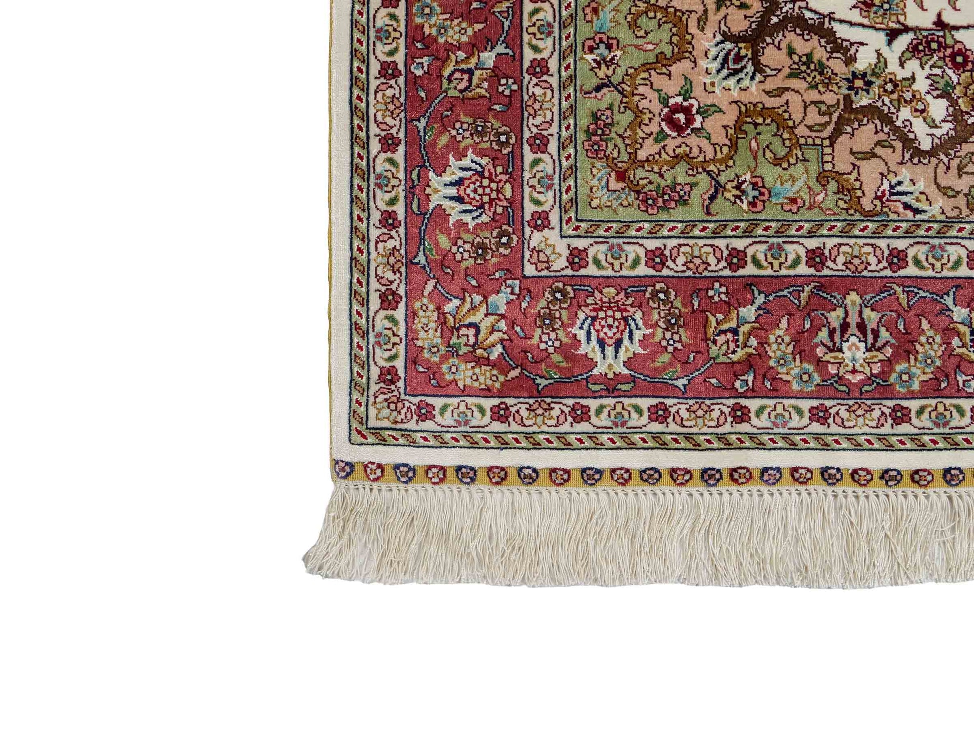 Sehr feiner, handgeknüpfter Khademi Orientteppich mit Ghom Design aus Seide, creme, rosa. 156x94 cm. Vertrieb durch Jupiter Intl.