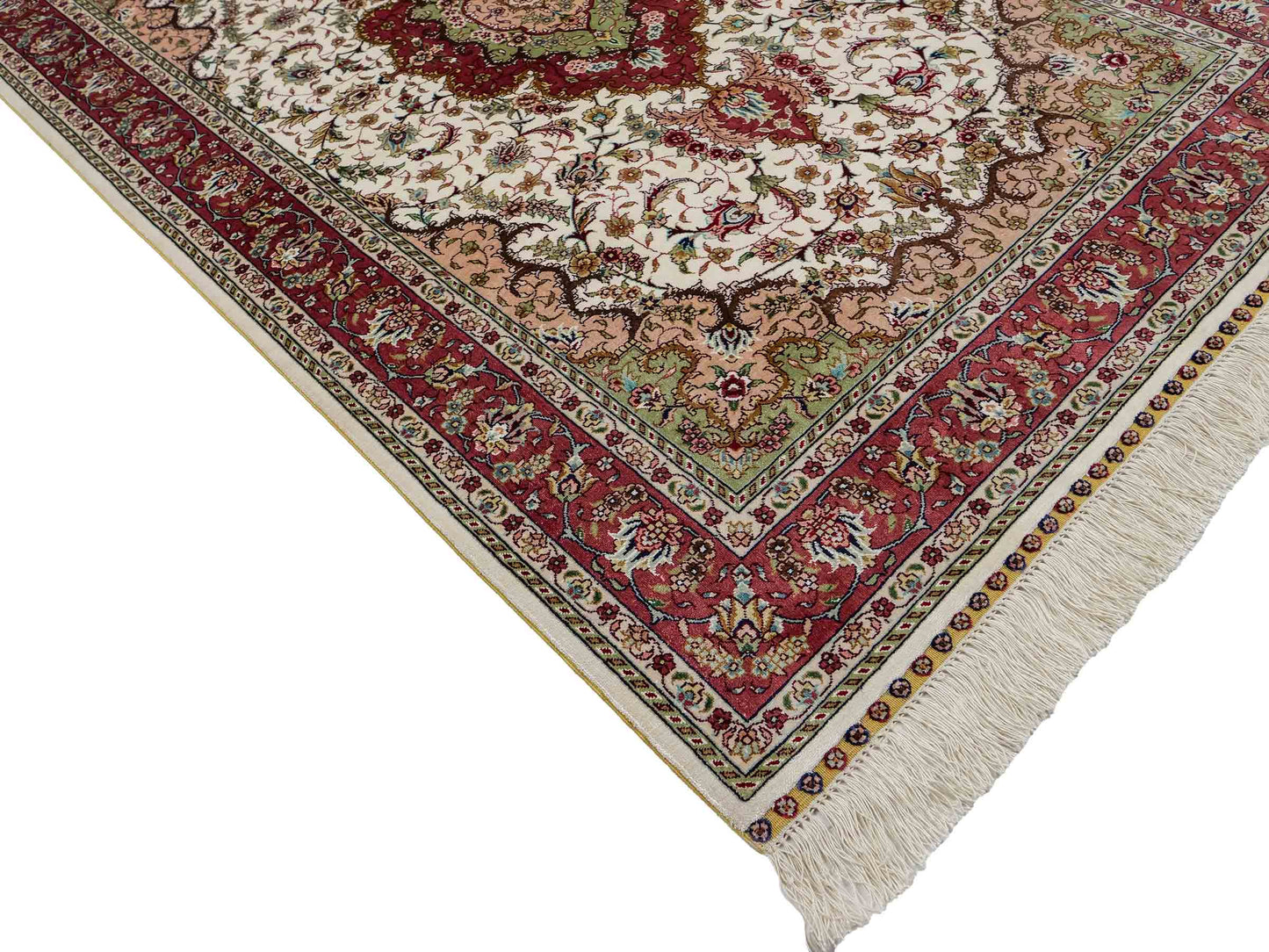 Sehr feiner, handgeknüpfter Khademi Orientteppich mit Ghom Design aus Seide, creme, rosa. 156x94 cm. Vertrieb durch Jupiter Intl.