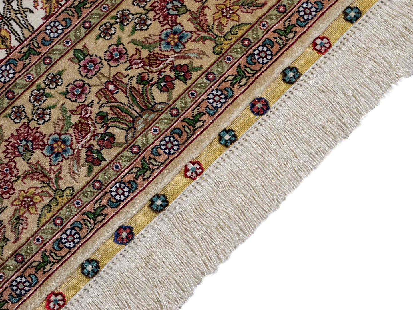 Sehr feiner, handgeknüpfter Khademi Orientteppich mit Ghom Design aus reiner Seide, creme, weiß, beige. 156x94 cm. Vertrieb durch Jupiter Intl.