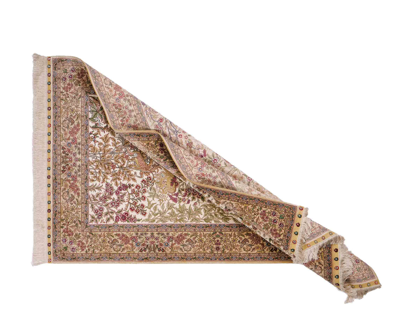 Sehr feiner, handgeknüpfter Khademi Orientteppich mit Ghom Design aus reiner Seide, creme, weiß, beige. 156x94 cm. Vertrieb durch Jupiter Intl.