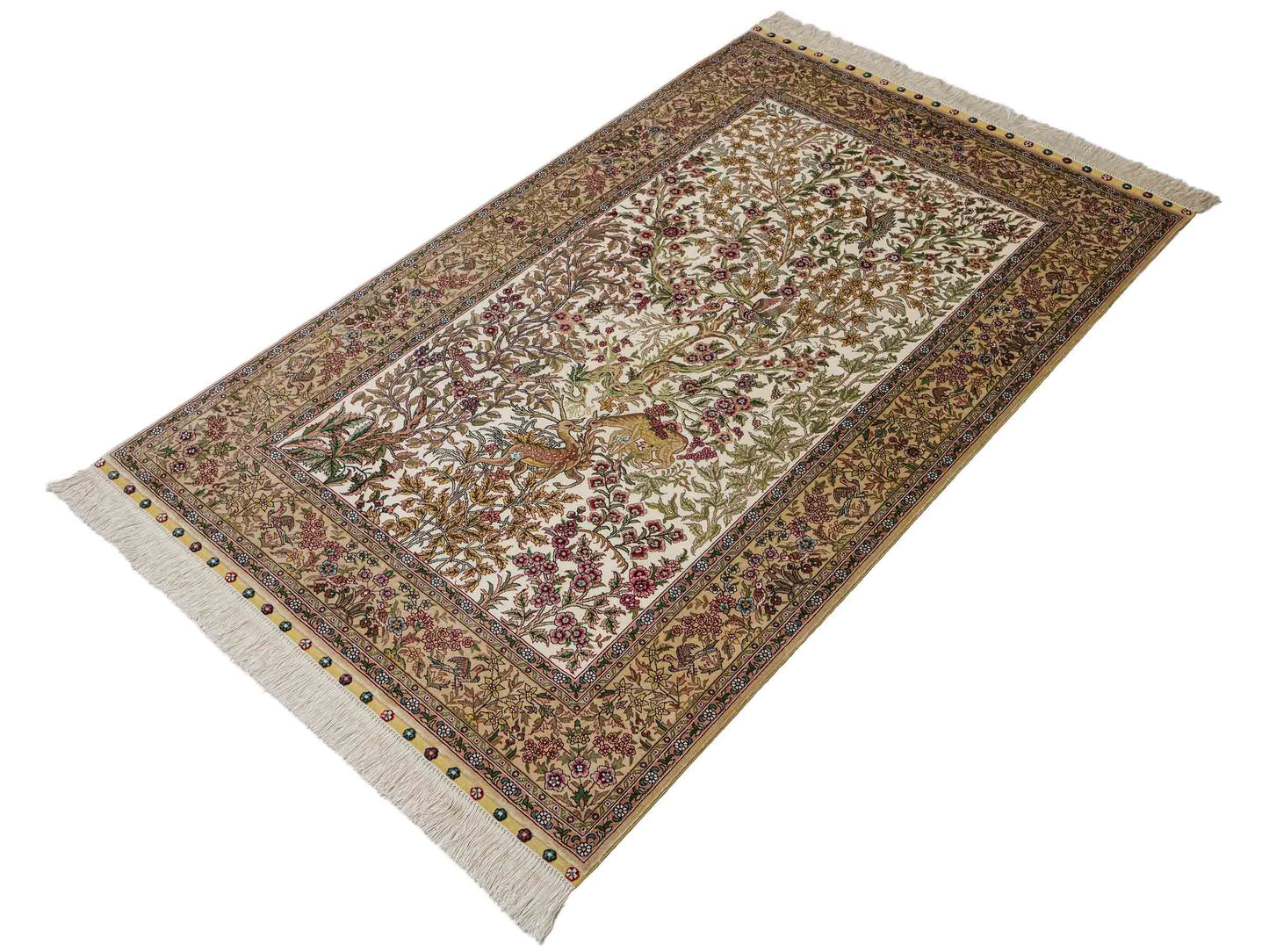 Sehr feiner, handgeknüpfter Khademi Orientteppich mit Ghom Design aus reiner Seide, creme, weiß, beige. 156x94 cm. Vertrieb durch Jupiter Intl.