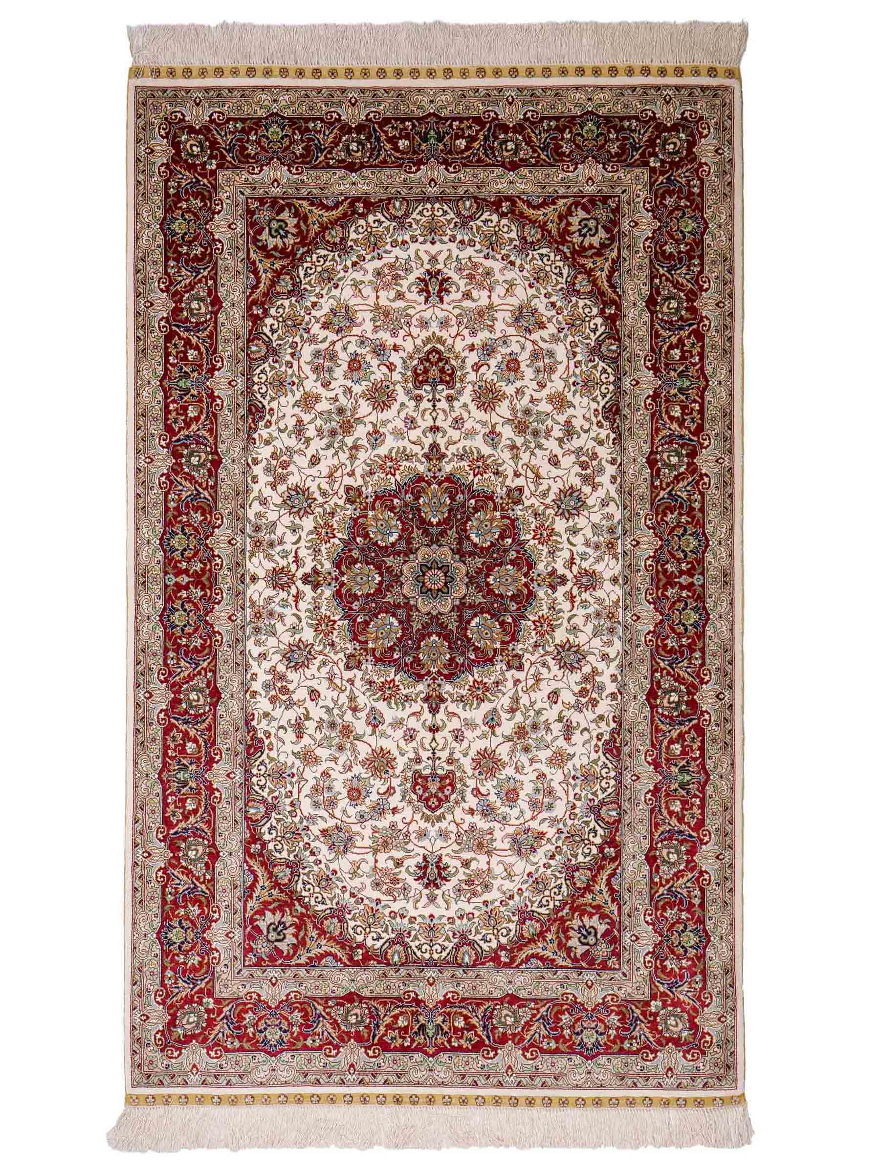 Sehr feiner, handgeknüpfter Khademi Orientteppich mit Ghom Design aus reiner Seide, creme, weiß, rot. 157x94 cm. Vertrieb durch Jupiter Intl.
