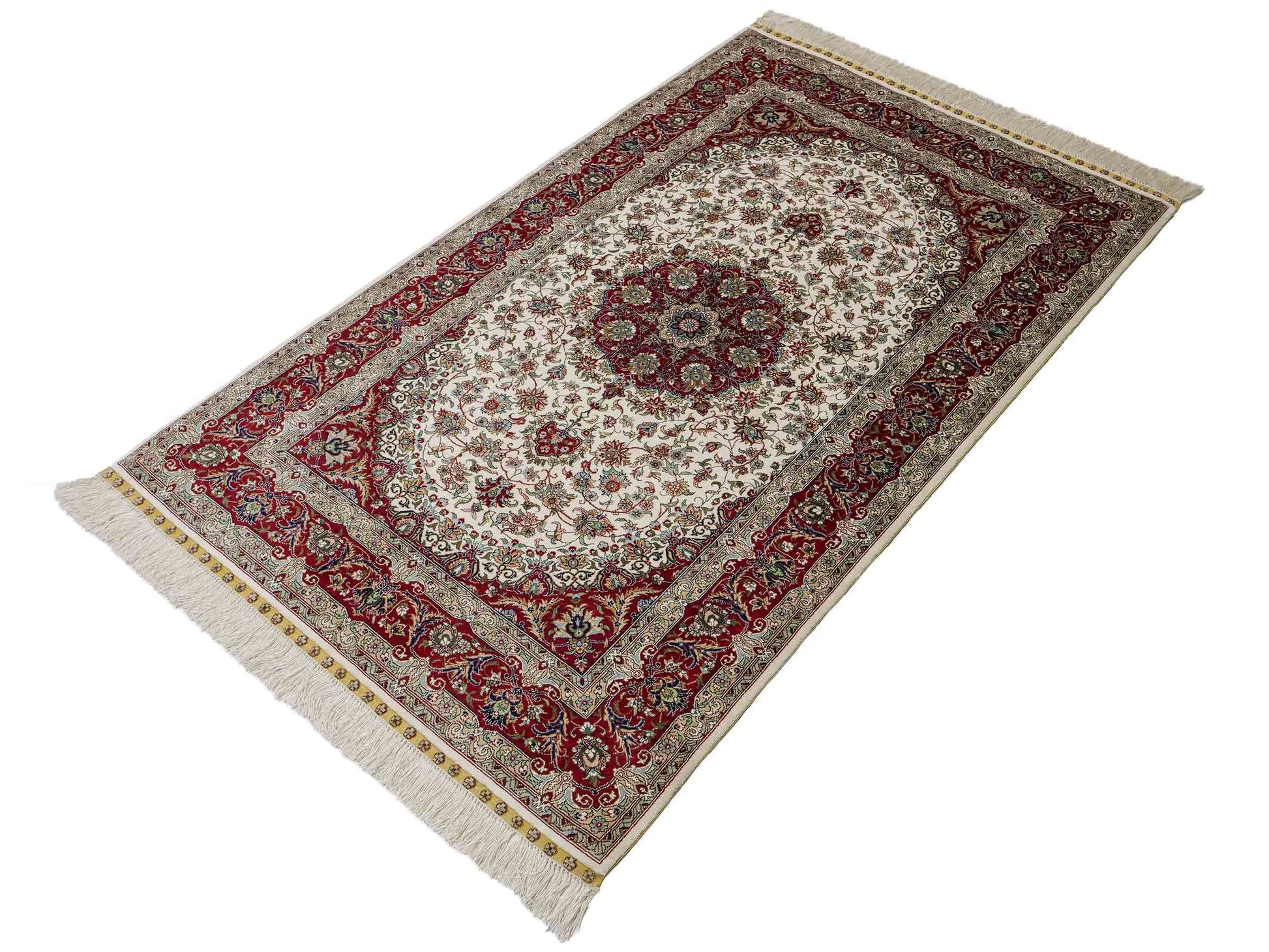 Sehr feiner, handgeknüpfter Khademi Orientteppich mit Ghom Design aus reiner Seide, creme, weiß, rot. 157x94 cm. Vertrieb durch Jupiter Intl.