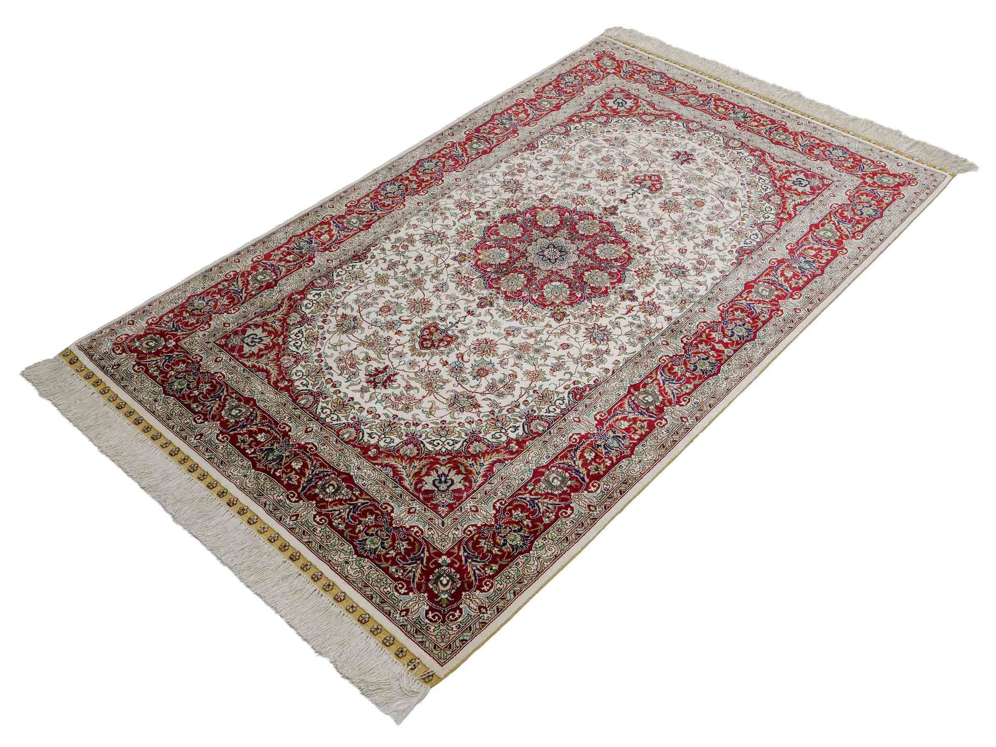 Sehr feiner, handgeknüpfter Khademi Orientteppich mit Ghom Design aus reiner Seide, creme, weiß, rot. 157x94 cm. Vertrieb durch Jupiter Intl.