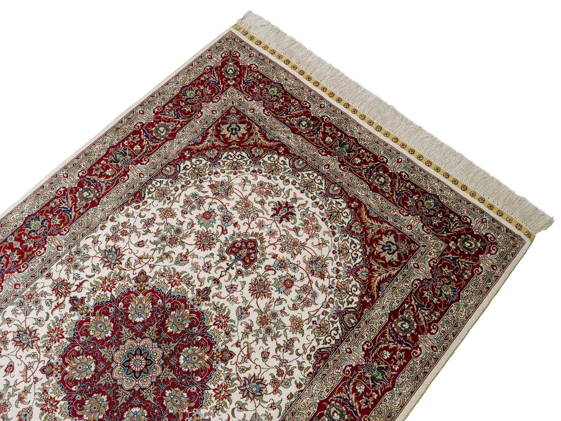 Sehr feiner, handgeknüpfter Khademi Orientteppich mit Ghom Design aus reiner Seide, creme, weiß, rot. 157x94 cm. Vertrieb durch Jupiter Intl.
