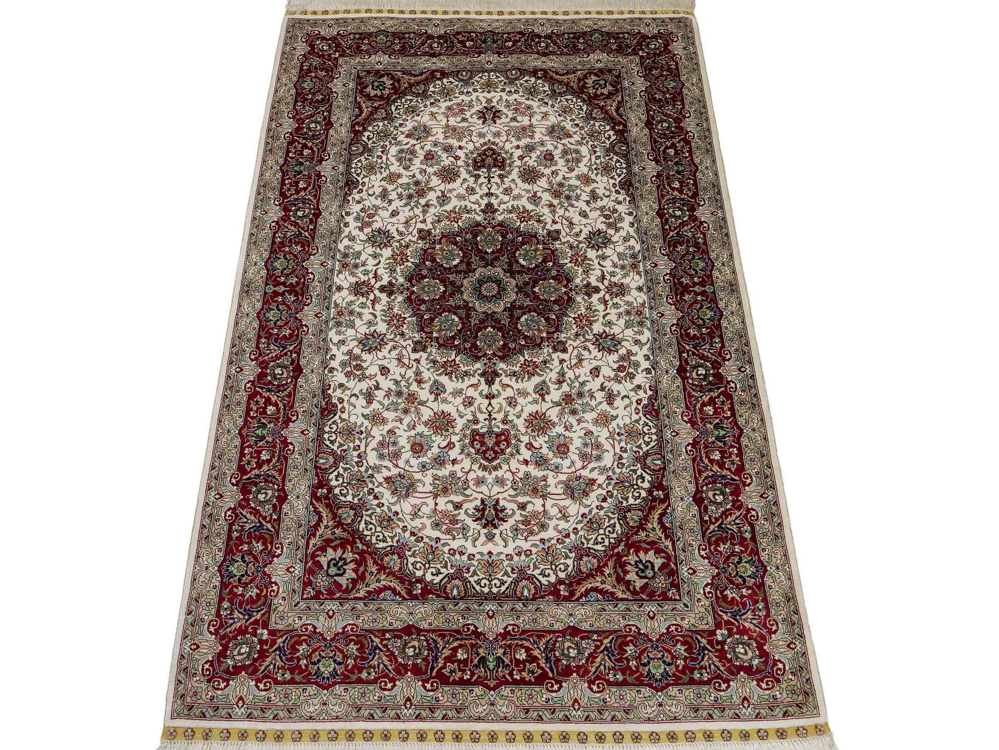 Sehr feiner, handgeknüpfter Khademi Orientteppich mit Ghom Design aus reiner Seide, creme, weiß, rot. 157x94 cm. Vertrieb durch Jupiter Intl.