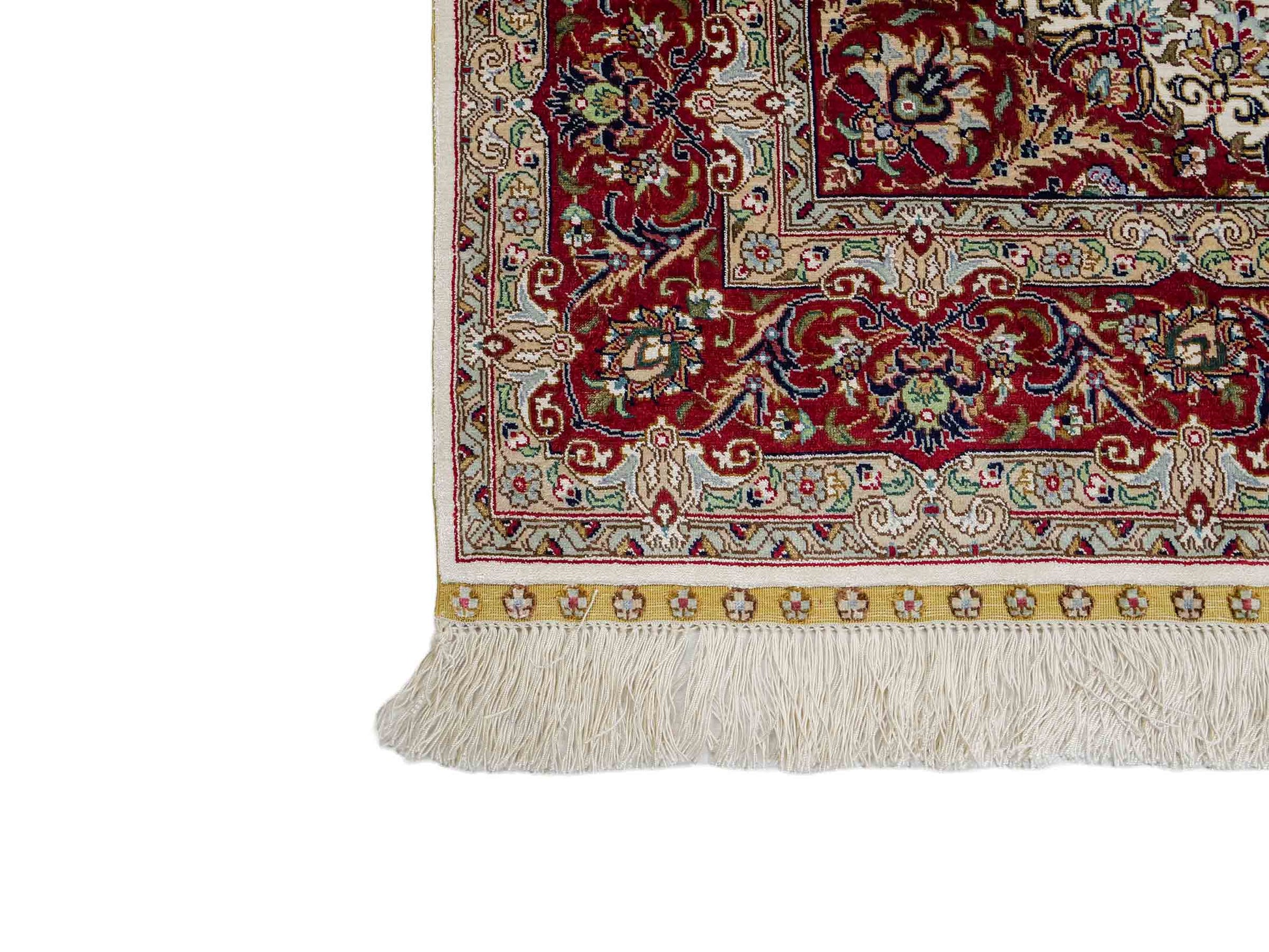 Sehr feiner, handgeknüpfter Khademi Orientteppich mit Ghom Design aus reiner Seide, creme, weiß, rot. 157x94 cm. Vertrieb durch Jupiter Intl.