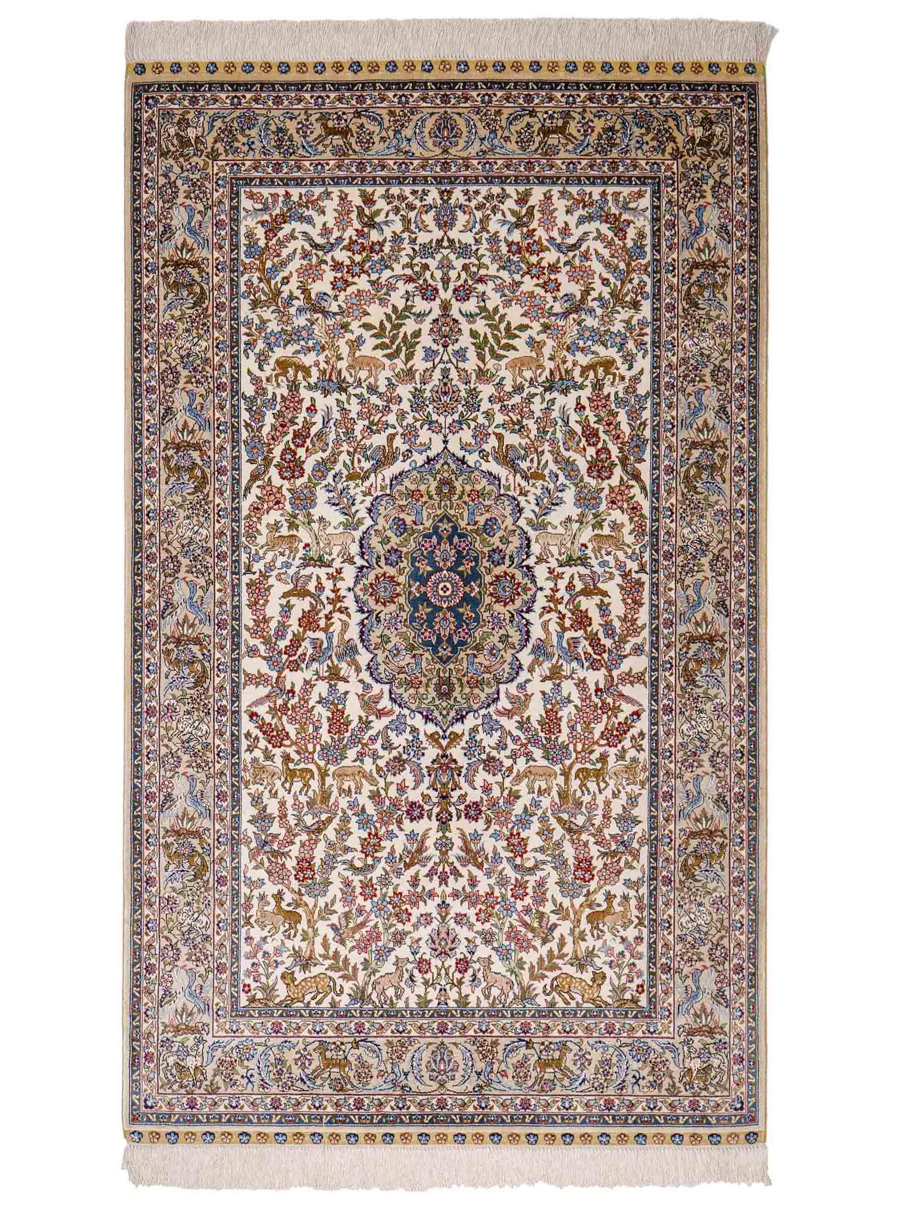 Sehr feiner, handgeknüpfter Khademi Orientteppich mit Ghom Design aus reiner Seide, weiß, creme, blau. 157x94 cm. Vertrieb durch Jupiter Intl.