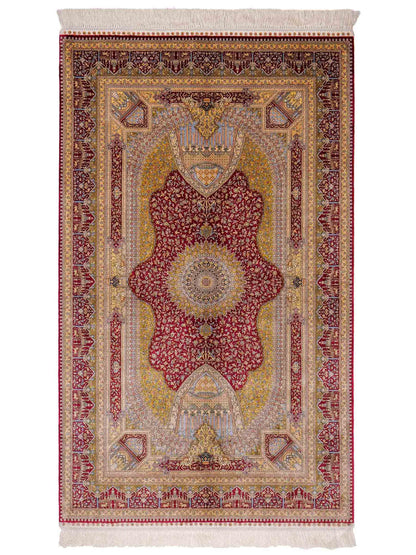 Extrem feiner, handgeknüpfter Khademi Ghom Orientteppich aus Seide, rot, gold. 159x93 cm. Vertrieb durch Jupiter Intl.