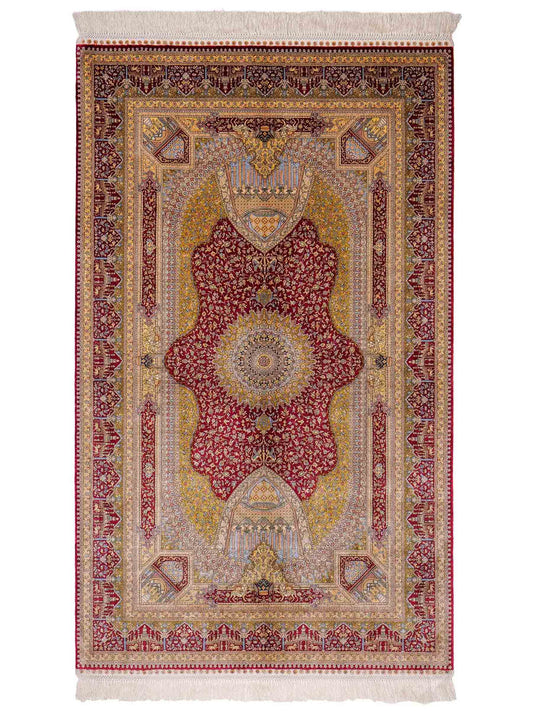 Extrem feiner, handgeknüpfter Khademi Ghom Orientteppich aus Seide, rot, gold. 159x93 cm. Vertrieb durch Jupiter Intl.