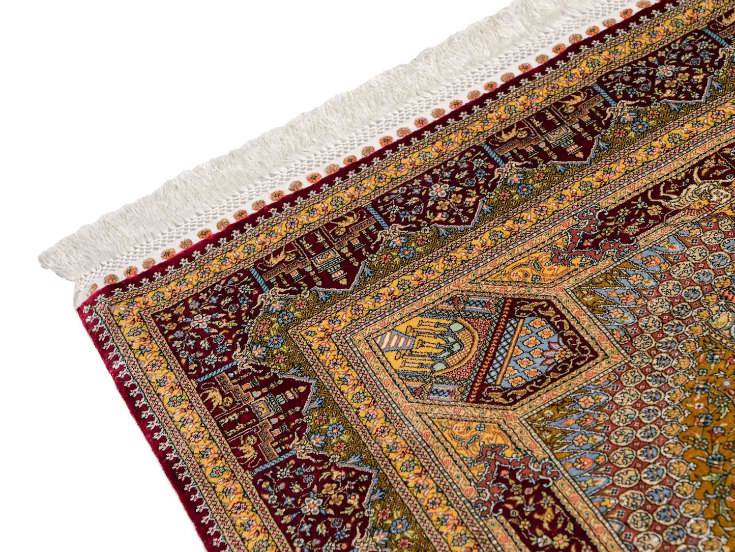 Extrem feiner, handgeknüpfter Khademi Ghom Orientteppich aus Seide, rot, gold. 159x93 cm. Vertrieb durch Jupiter Intl.