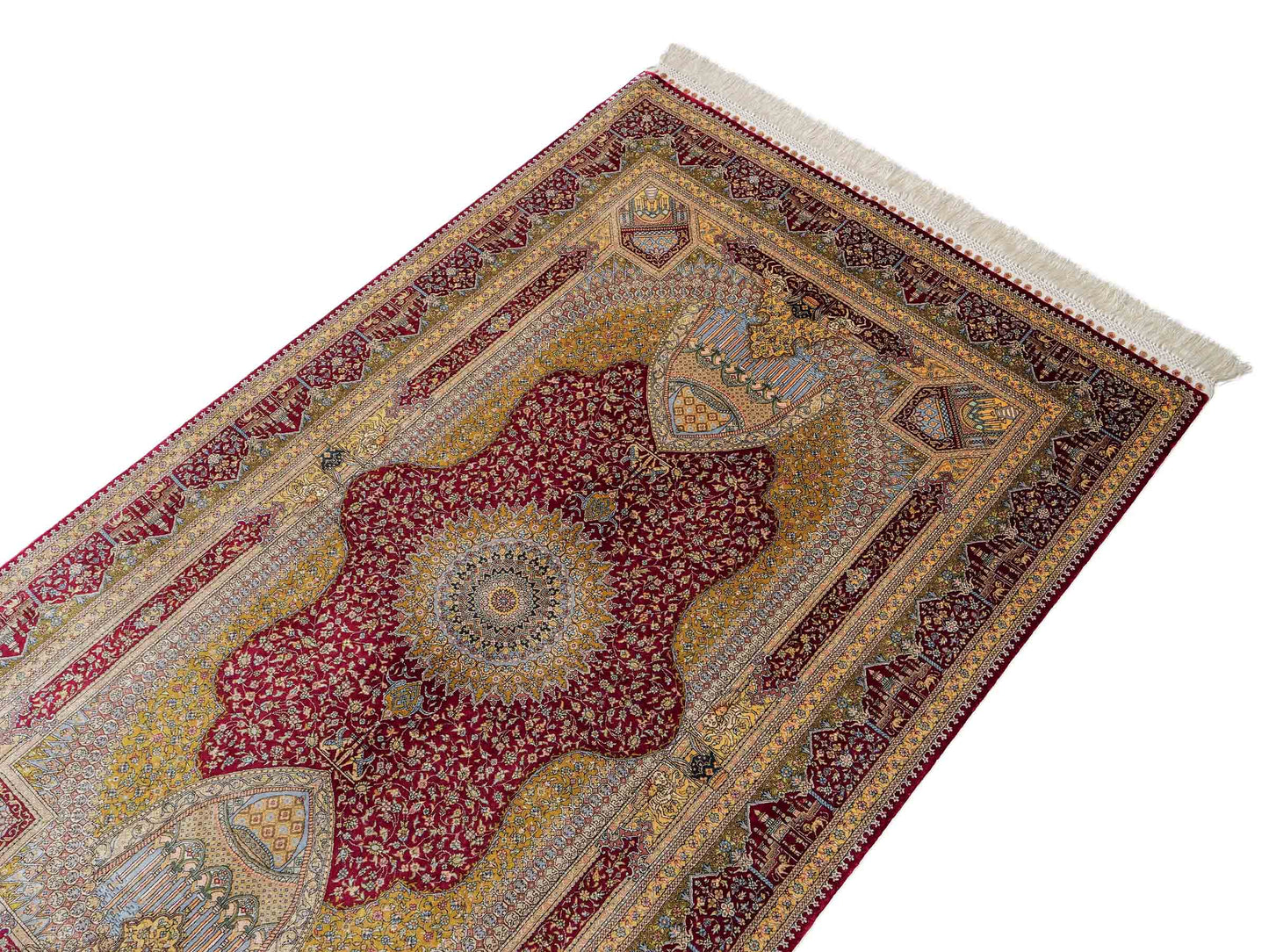 Extrem feiner, handgeknüpfter Khademi Ghom Orientteppich aus Seide, rot, gold. 159x93 cm. Vertrieb durch Jupiter Intl.