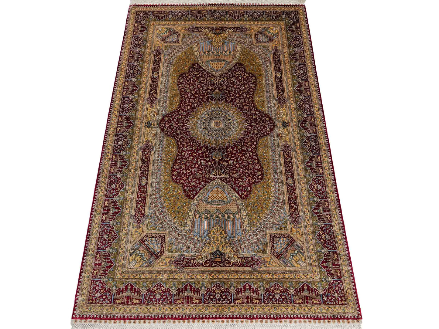 Extrem feiner, handgeknüpfter Khademi Ghom Orientteppich aus Seide, rot, gold. 159x93 cm. Vertrieb durch Jupiter Intl.