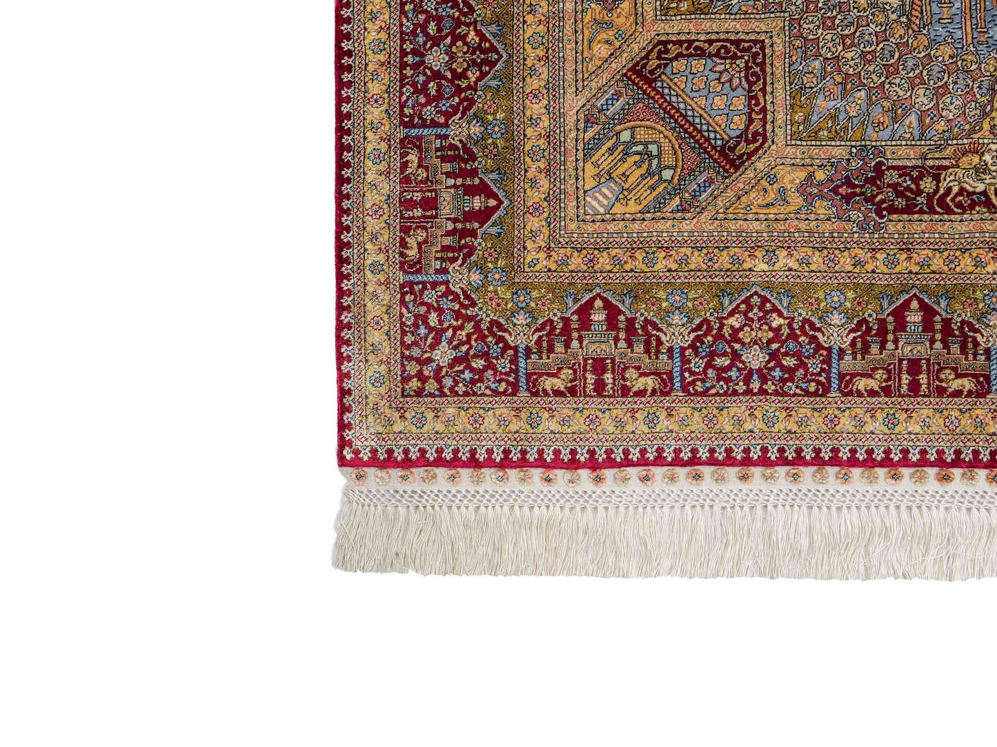 Extrem feiner, handgeknüpfter Khademi Ghom Orientteppich aus Seide, rot, gold. 159x93 cm. Vertrieb durch Jupiter Intl.
