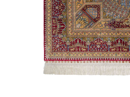 Extrem feiner, handgeknüpfter Khademi Ghom Orientteppich aus Seide, rot, gold. 159x93 cm. Vertrieb durch Jupiter Intl.