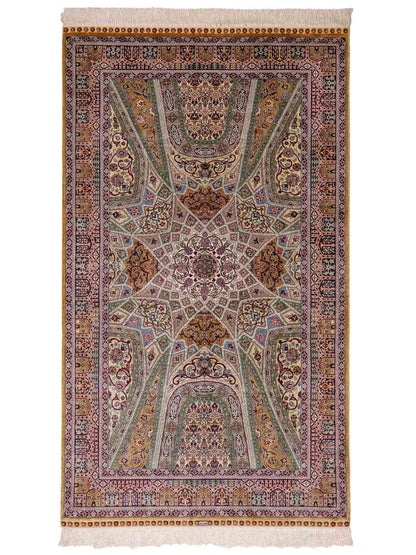 Sehr feiner, handgeknüpfter Khademi Ghom Orientteppich aus Seide, braun, oliv. 161x94 cm. Vertrieb durch Jupiter Intl.