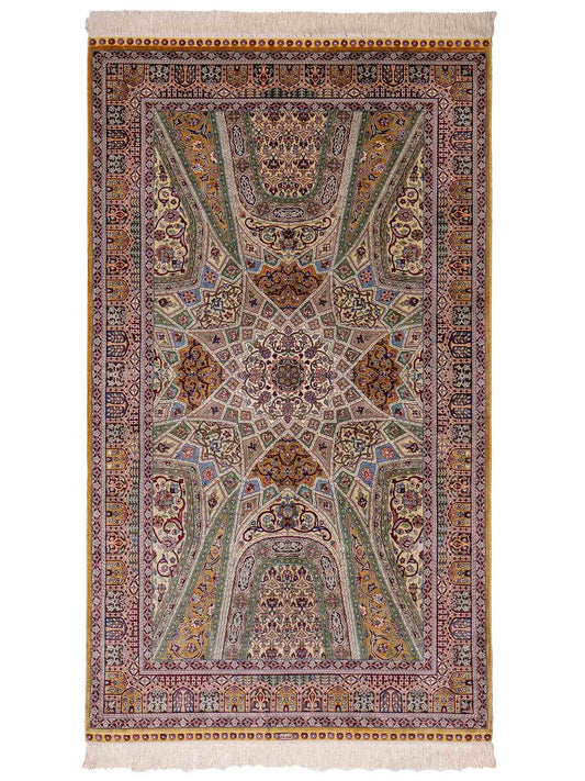 Sehr feiner, handgeknüpfter Khademi Ghom Orientteppich aus Seide, braun, oliv. 161x94 cm. Vertrieb durch Jupiter Intl.