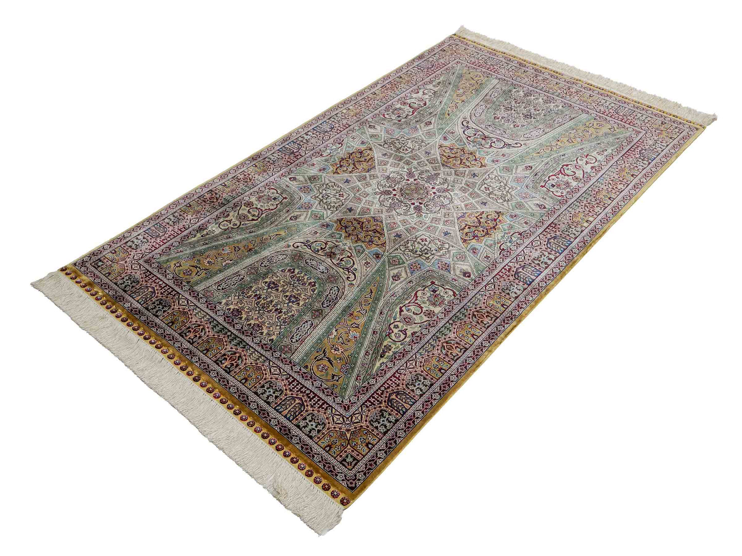 Sehr feiner, handgeknüpfter Khademi Ghom Orientteppich aus Seide, braun, oliv. 161x94 cm. Vertrieb durch Jupiter Intl.
