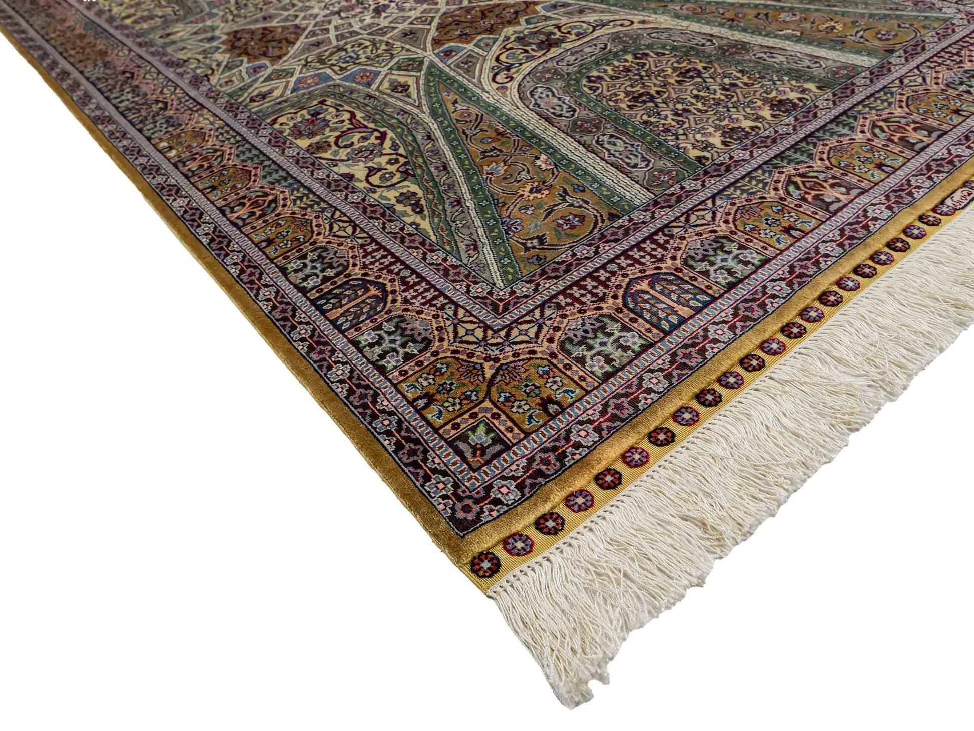 Sehr feiner, handgeknüpfter Khademi Ghom Orientteppich aus Seide, braun, oliv. 161x94 cm. Vertrieb durch Jupiter Intl.