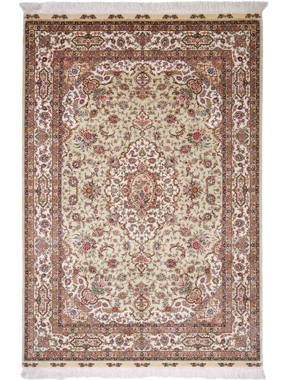 Sehr feiner, handgeknüpfter Khademi Orientteppich mit Ghom Design aus reiner Seide, grün, pistazie, creme, weiß. 183x124 cm. Vertrieb durch Jupiter Intl.