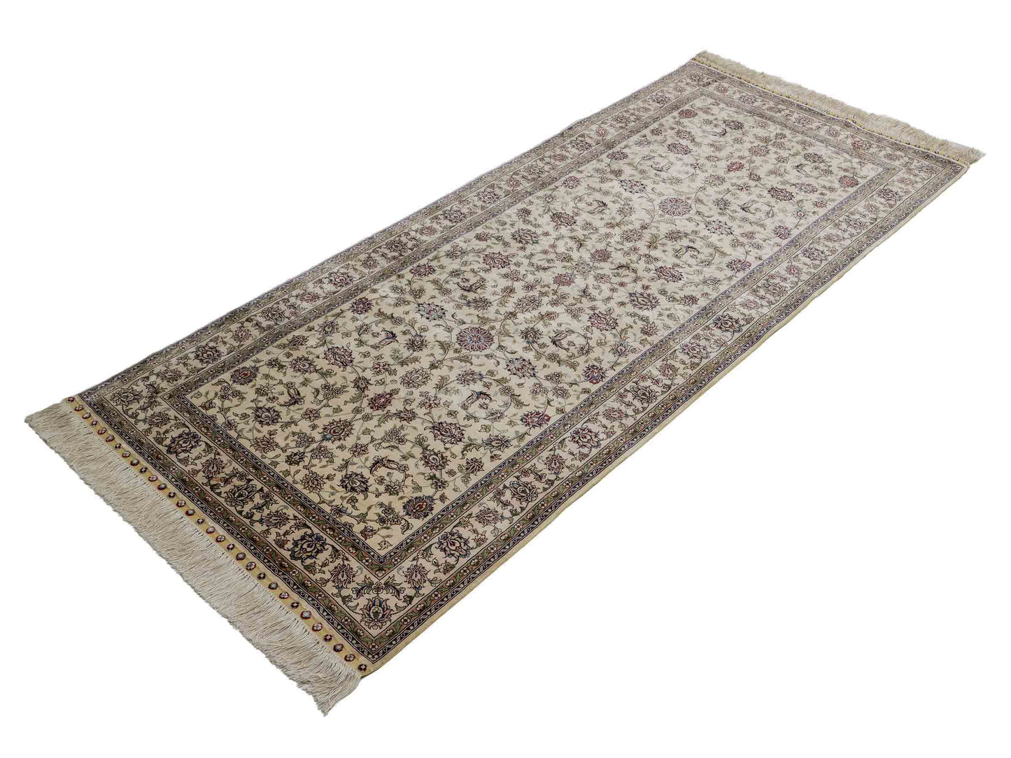 Sehr feiner, handgeknüpfter Khademi Orientteppich mit Ghom Design aus purer Seide, weiß, creme. 183x78 cm. Vertrieb durch Jupiter Intl.