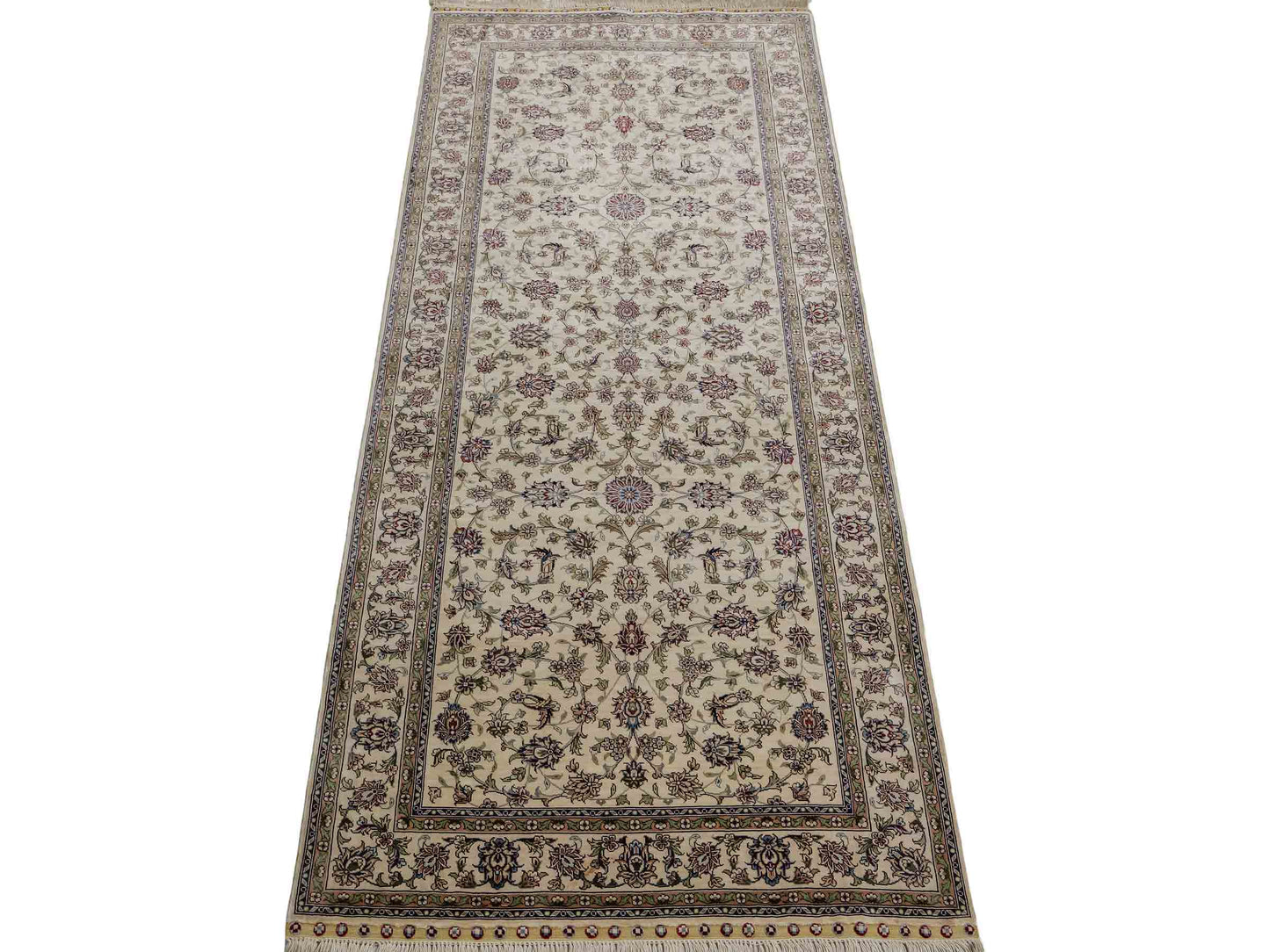 Sehr feiner, handgeknüpfter Khademi Orientteppich mit Ghom Design aus purer Seide, weiß, creme. 183x78 cm. Vertrieb durch Jupiter Intl.