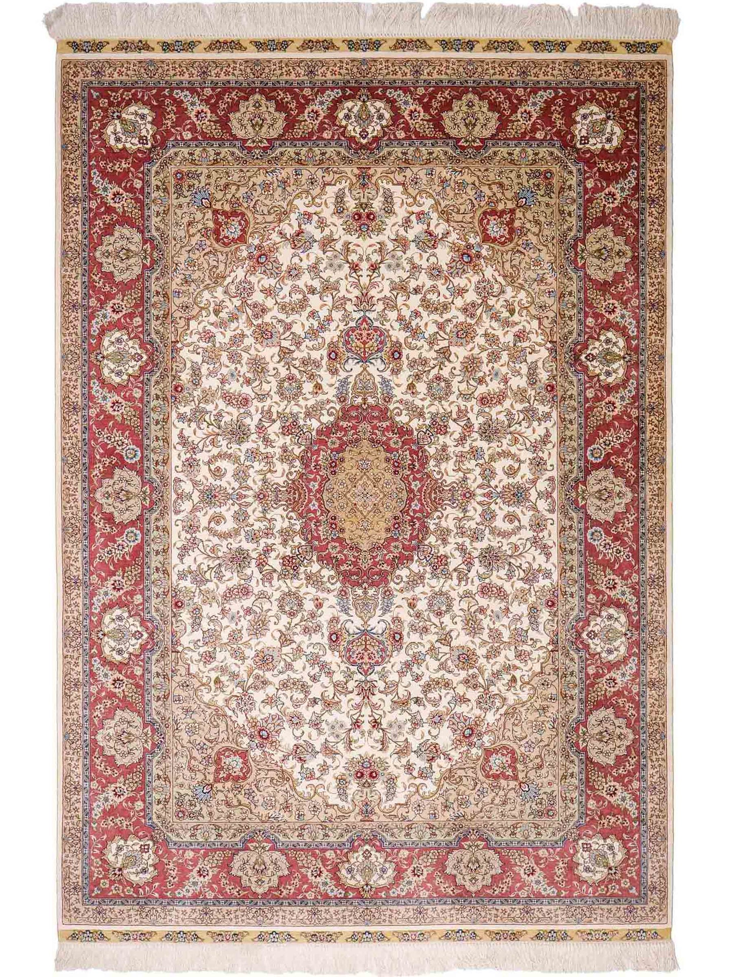 Sehr feiner, handgeknüpfter Khademi Orientteppich mit Ghom Design aus reiner Seide, creme, weiß, rosa. 184x125 cm. Vertrieb durch Jupiter Intl.