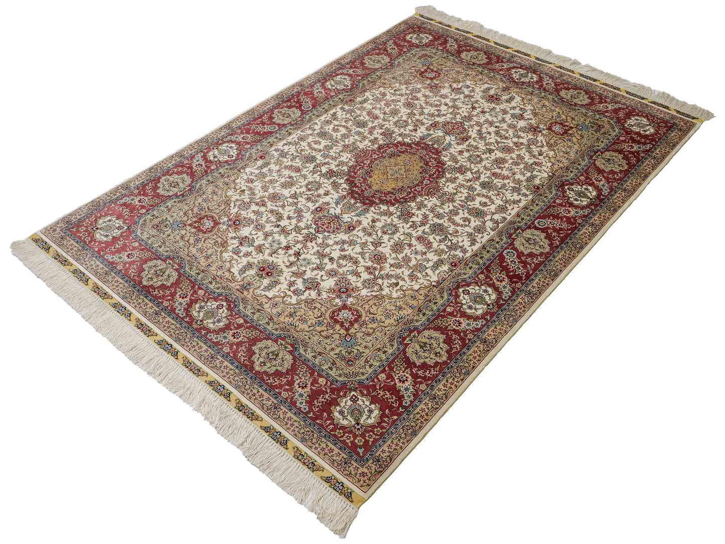 Sehr feiner, handgeknüpfter Khademi Orientteppich mit Ghom Design aus reiner Seide, creme, weiß, rosa. 184x125 cm. Vertrieb durch Jupiter Intl.