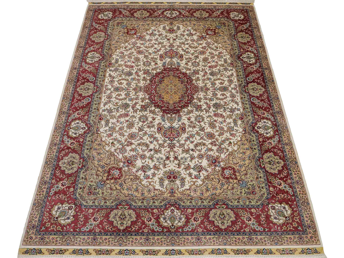 Sehr feiner, handgeknüpfter Khademi Orientteppich mit Ghom Design aus reiner Seide, creme, weiß, rosa. 184x125 cm. Vertrieb durch Jupiter Intl.