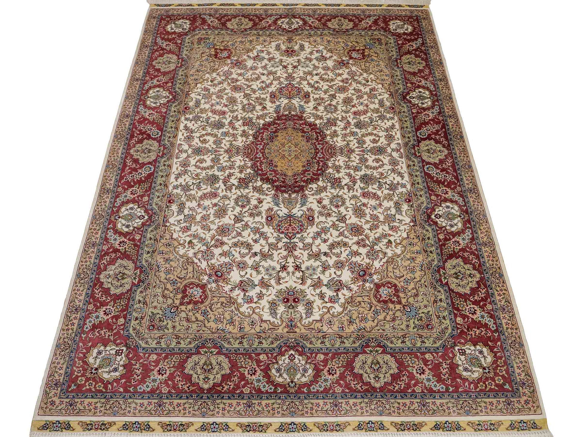 Sehr feiner, handgeknüpfter Khademi Orientteppich mit Ghom Design aus reiner Seide, creme, weiß, rosa. 184x125 cm. Vertrieb durch Jupiter Intl.