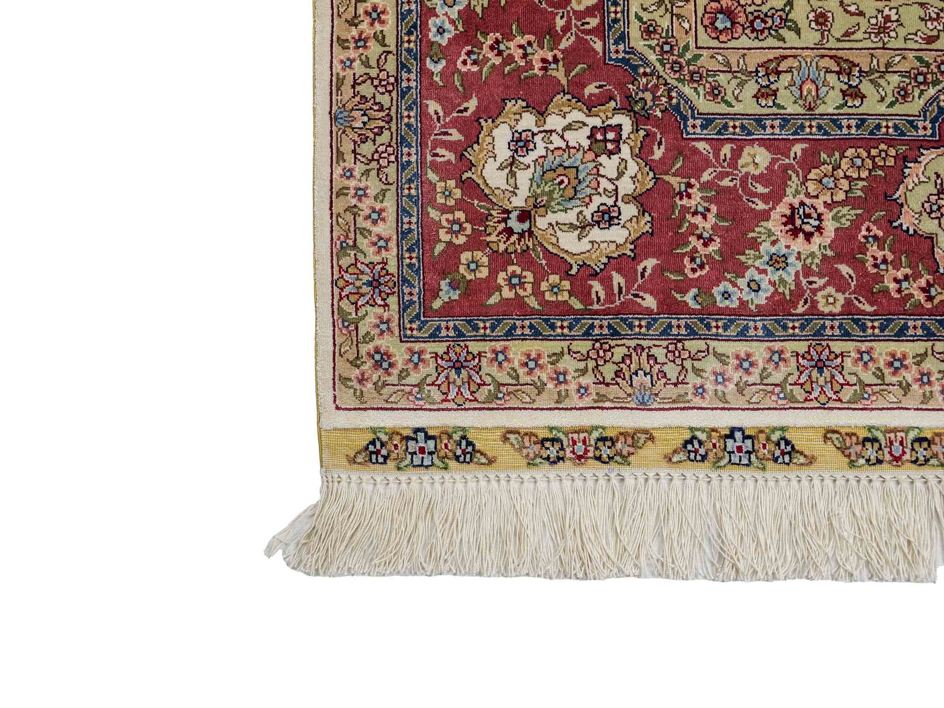 Sehr feiner, handgeknüpfter Khademi Orientteppich mit Ghom Design aus reiner Seide, creme, weiß, rosa. 184x125 cm. Vertrieb durch Jupiter Intl.