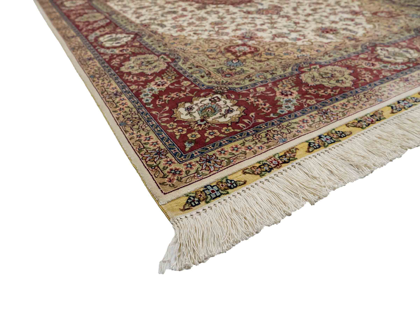 Sehr feiner, handgeknüpfter Khademi Orientteppich mit Ghom Design aus reiner Seide, creme, weiß, rosa. 184x125 cm. Vertrieb durch Jupiter Intl.