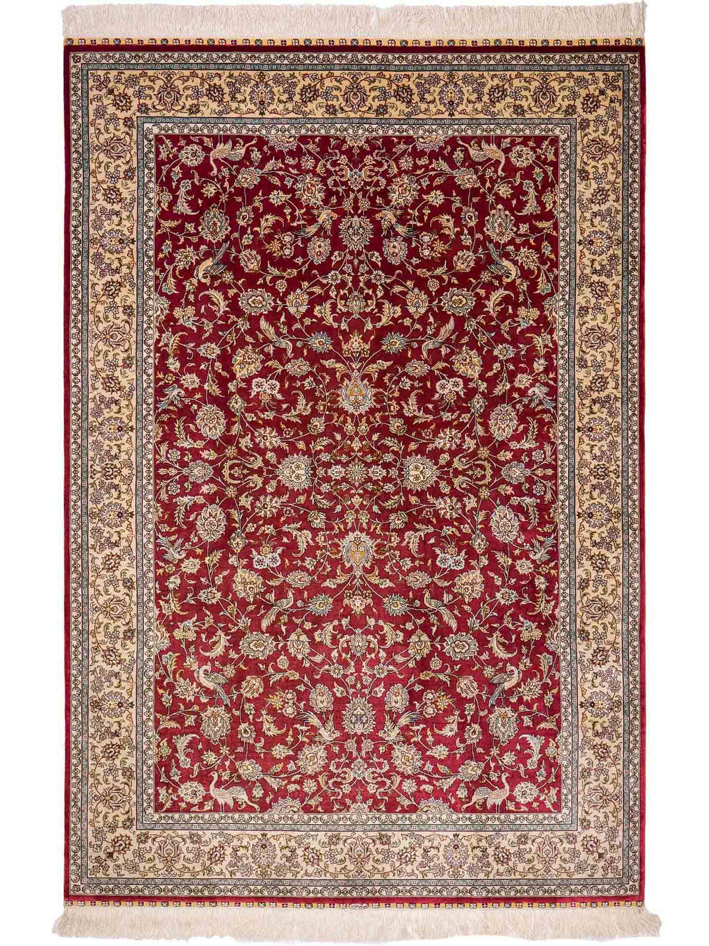 Sehr feiner, handgeknüpfter Khademi Orientteppich mit Ghom Design aus reiner Seide, rot, creme. 185x124 cm. Vertrieb durch Jupiter Intl.