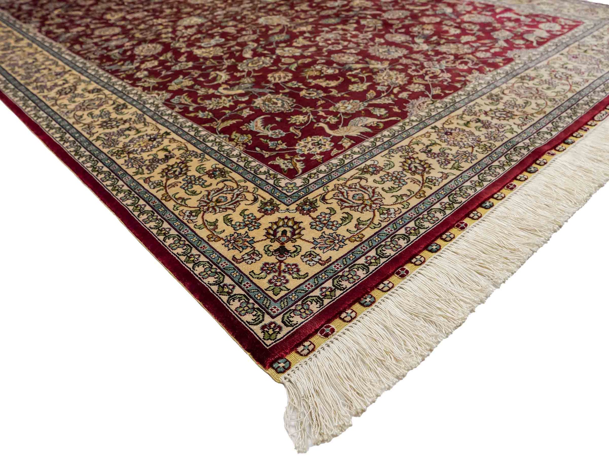 Sehr feiner, handgeknüpfter Khademi Orientteppich mit Ghom Design aus reiner Seide, rot, creme. 185x124 cm. Vertrieb durch Jupiter Intl.
