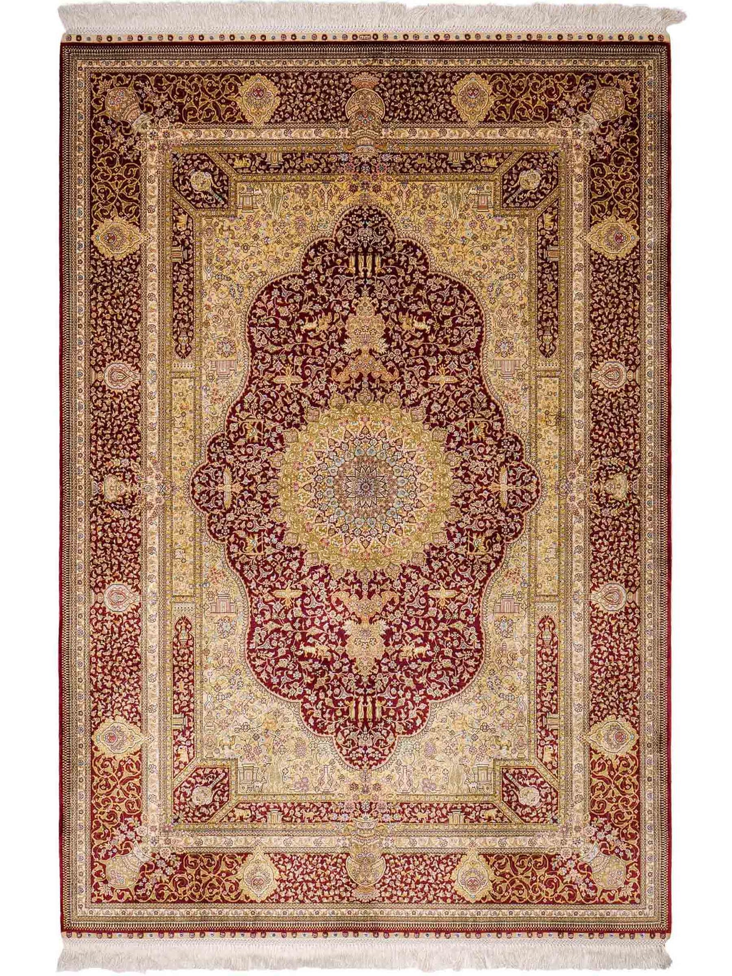 Extrem feiner, handgeknüpfter Khademi Orientteppich mit Ghom Design aus reiner Seide, rot, gold, creme. 185x125 cm. Vertrieb durch Jupiter Intl.