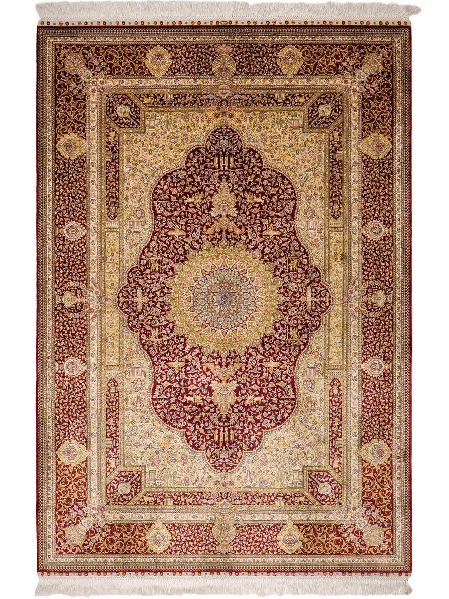 Extrem feiner, handgeknüpfter Khademi Orientteppich mit Ghom Design aus reiner Seide, rot, gold, creme. 185x125 cm. Vertrieb durch Jupiter Intl.