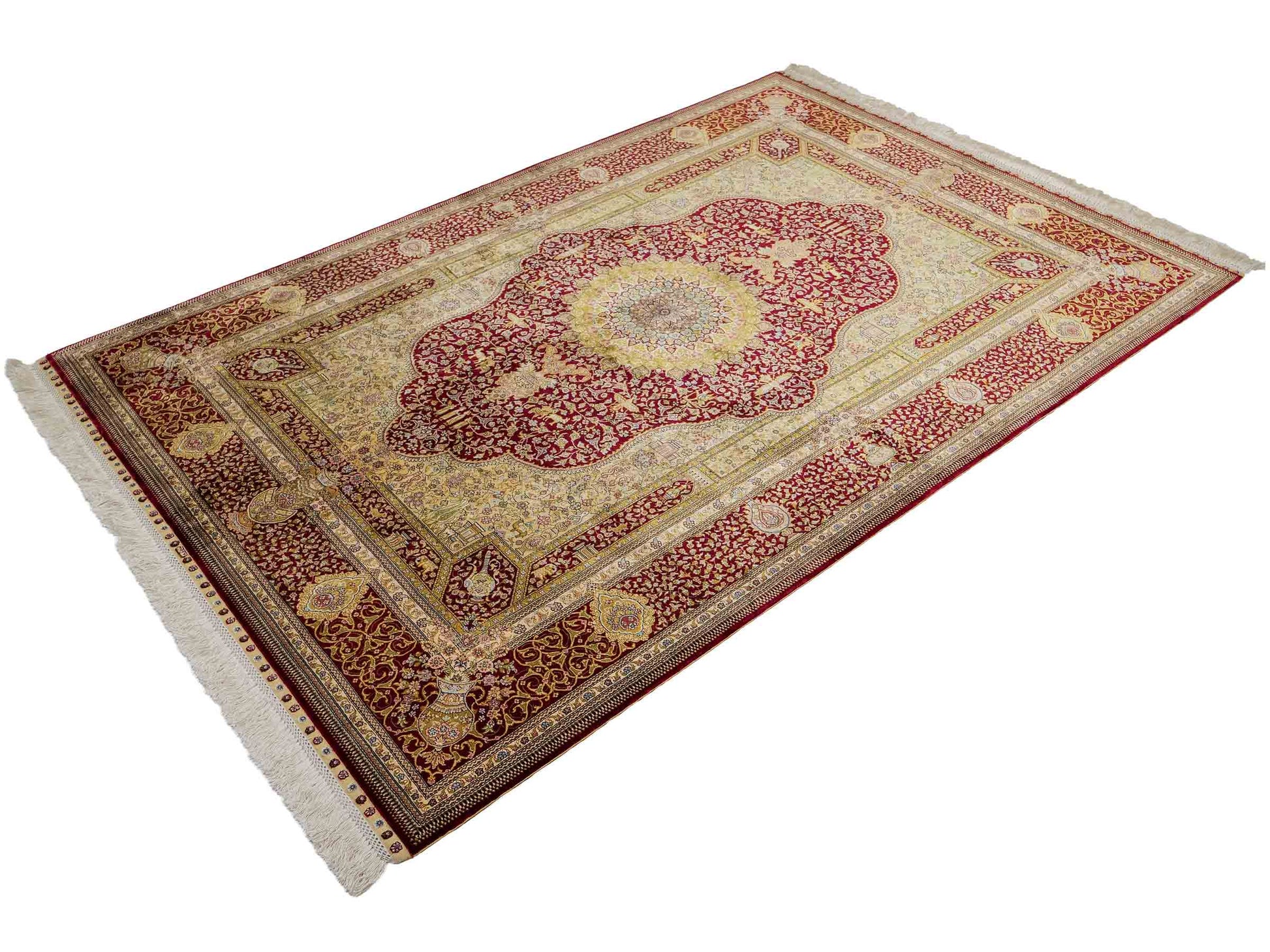 Extrem feiner, handgeknüpfter Khademi Orientteppich mit Ghom Design aus reiner Seide, rot, gold, creme. 185x125 cm. Vertrieb durch Jupiter Intl.