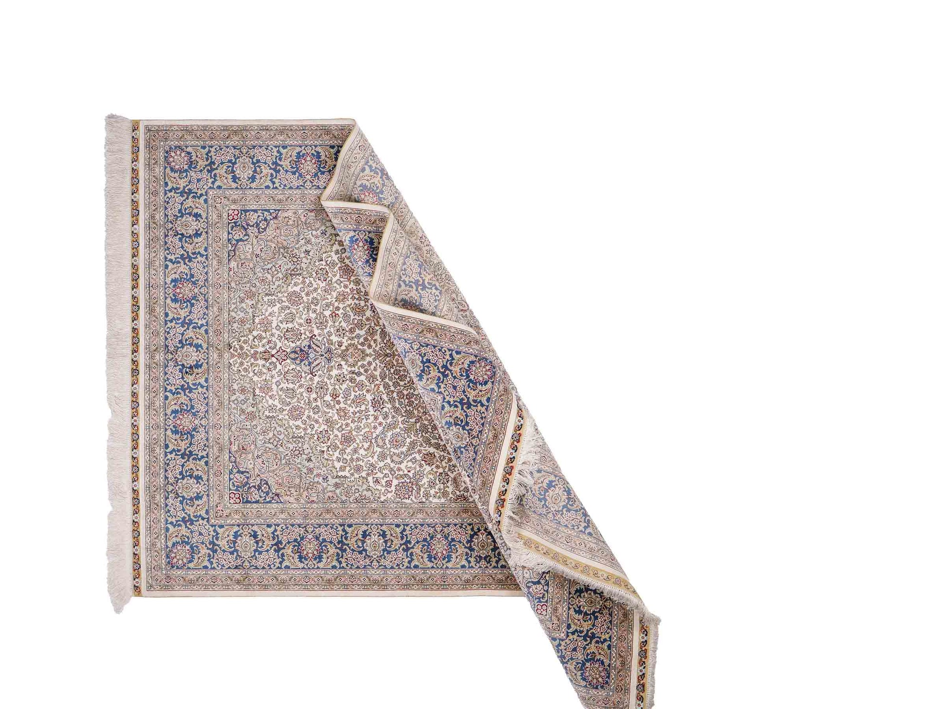 Sehr feiner, handgeknüpfter Khademi Orientteppich mit Ghom Design aus reiner Seide, weiß, creme, blau. 185x126 cm. Vertrieb durch Jupiter Intl.