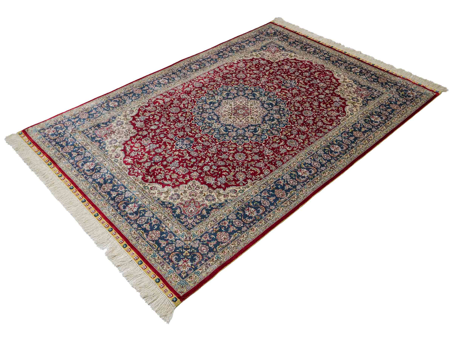 Sehr feiner, handgeknüpfter Khademi Orientteppich mit Ghom Design aus reiner Seide, rot, blau, creme. 187x126 cm. Vertrieb durch Jupiter Intl.