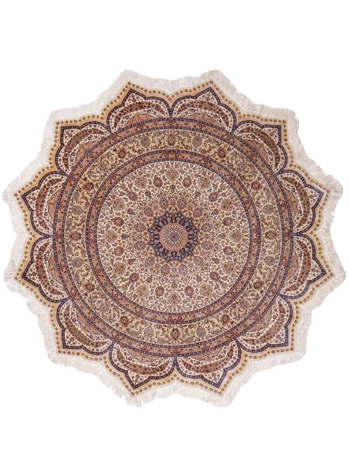 Sehr feiner, handgeknüpfter, runder Khademi Orientteppich mit Ghom Design aus reiner Seide, creme, weiß, blau. 188x188 cm. Vertrieb durch Jupiter Intl.
