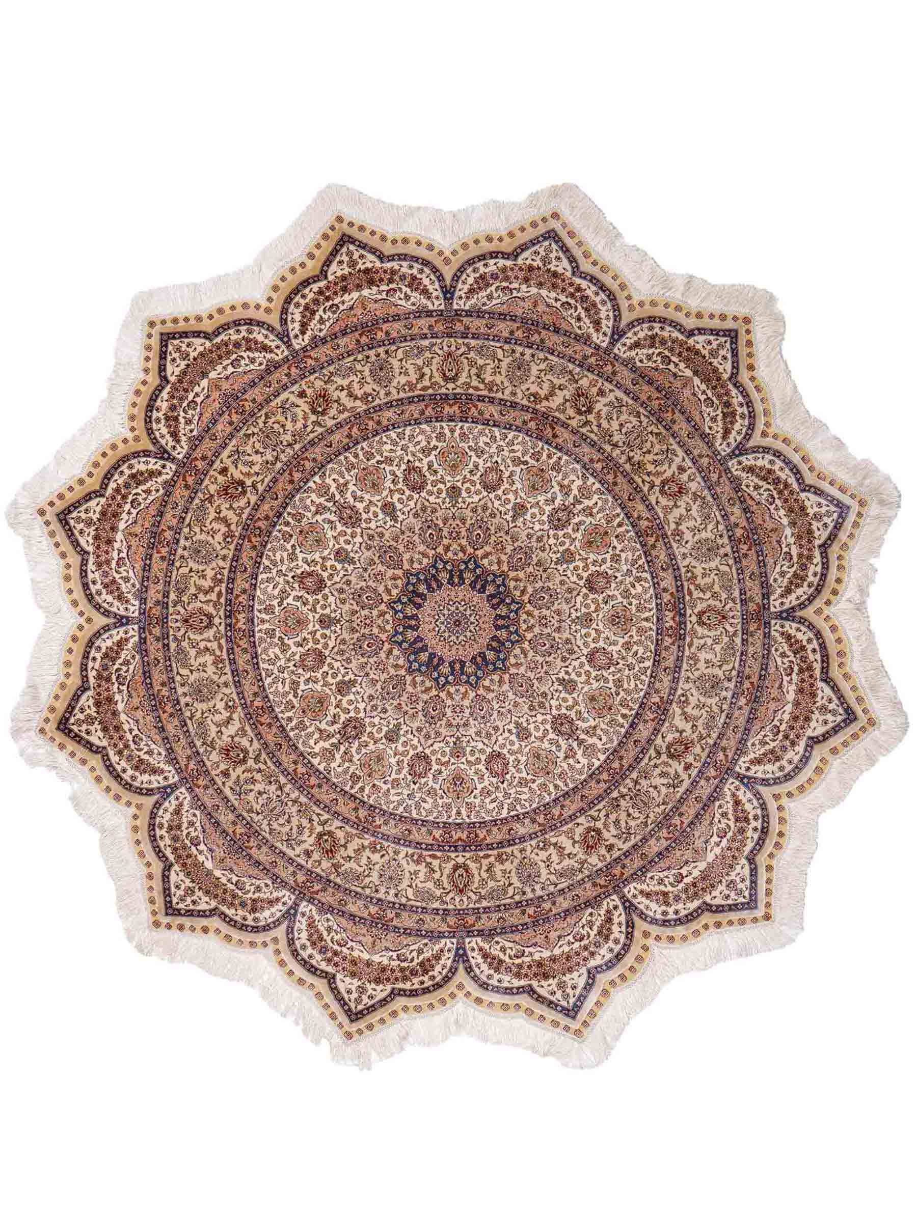 Sehr feiner, handgeknüpfter, runder Khademi Orientteppich mit Ghom Design aus reiner Seide, creme, weiß, blau. 188x188 cm. Vertrieb durch Jupiter Intl.