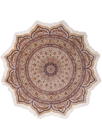 Sehr feiner, handgeknüpfter, runder Khademi Orientteppich mit Ghom Design aus reiner Seide, creme, weiß, blau. 188x188 cm. Vertrieb durch Jupiter Intl.