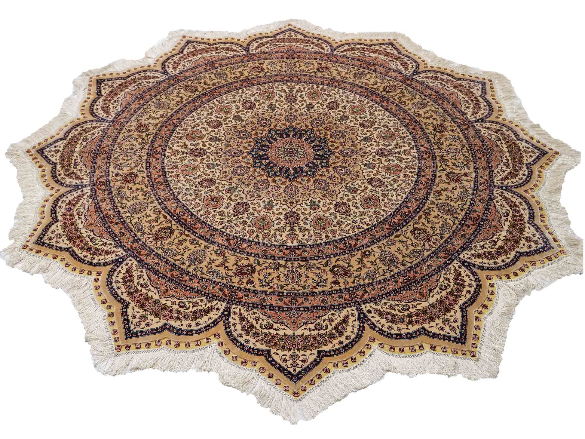 Sehr feiner, handgeknüpfter, runder Khademi Orientteppich mit Ghom Design aus reiner Seide, creme, weiß, blau. 188x188 cm. Vertrieb durch Jupiter Intl.